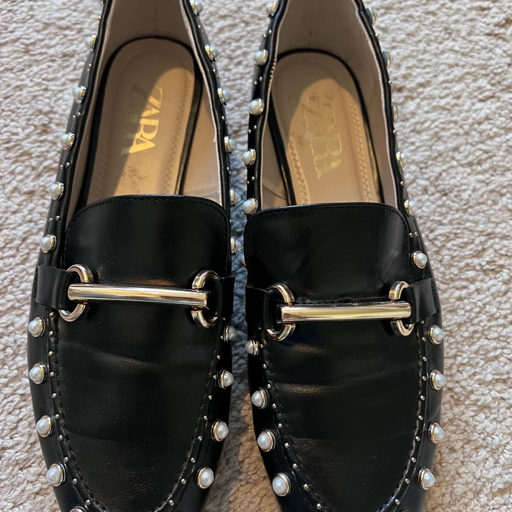 Zara Black Loafers with Pearl Studs